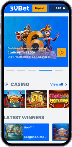 30Bet Casino mobiele app met Cashback Royale-promotie tot €1.000