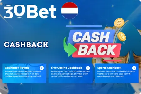 Cashback Royale en Live Casino Cashback tot €1.000 bij 30Bet