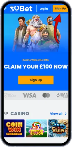 30Bet Casino registratieknop met welkomstbonus aanbieding