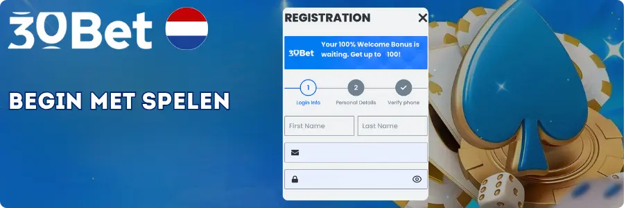 Registratieformulier bij 30Bet Casino met welkomstbonus