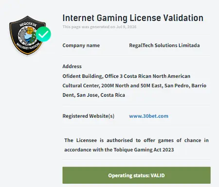 Tobique Gaming Commission vergunning voor 30Bet Casino uitgegeven aan RegalTech Solutions Limitada